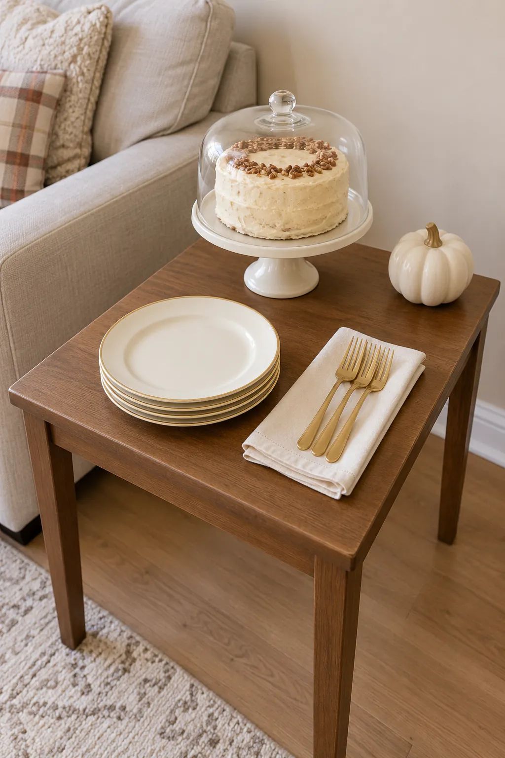 A Cream and Gold Dessert Corner Thanksgiving living room idea