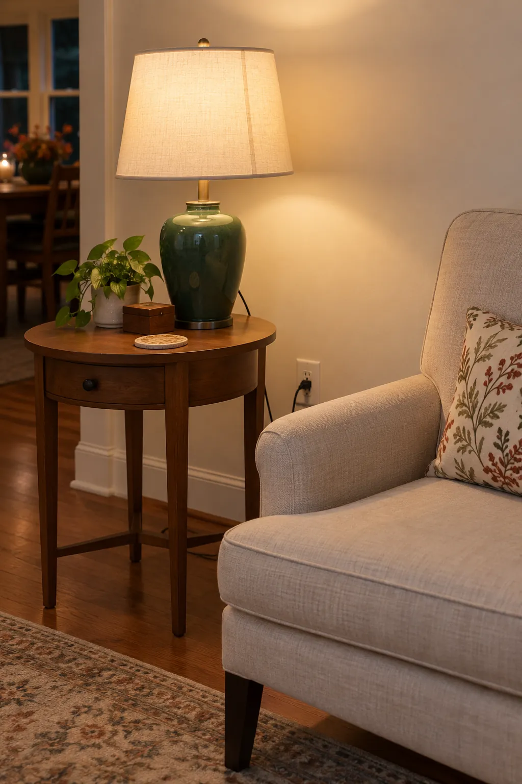 A Shaded Lamp beside Guest Seating Thanksgiving living room idea