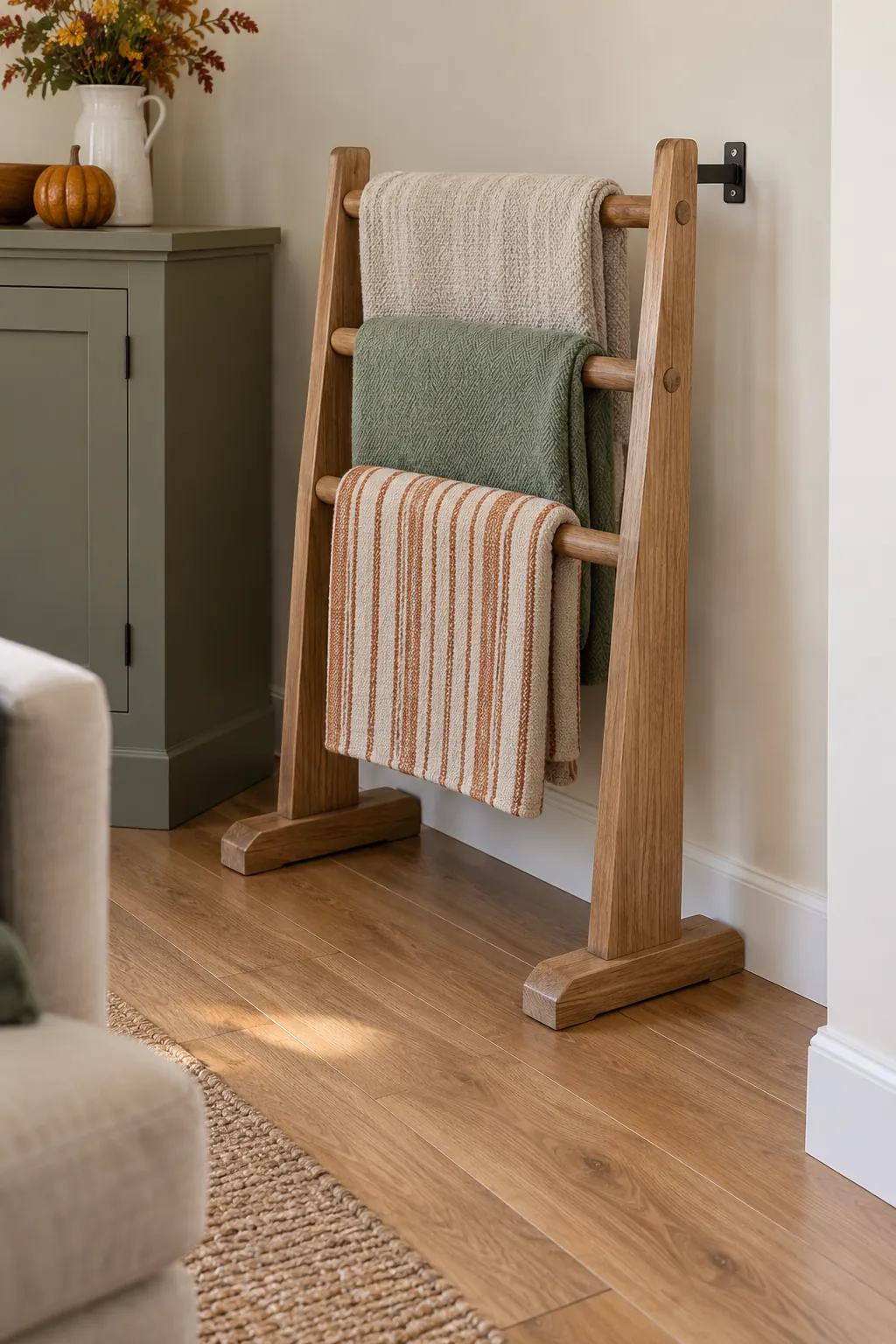 A Secured Rack for Folded Throws Thanksgiving living room idea