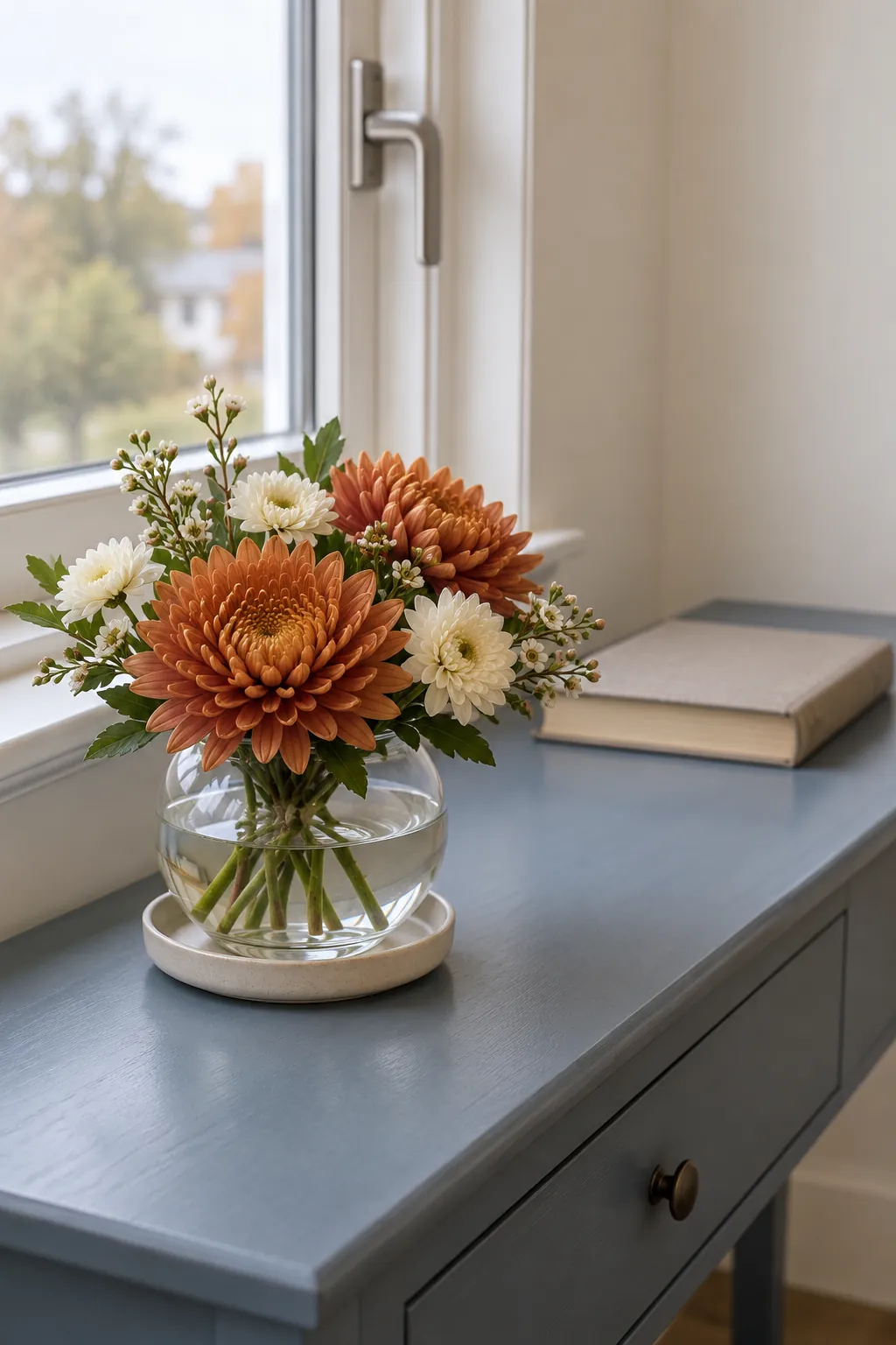Low Flowers on a Window Console Thanksgiving living room idea