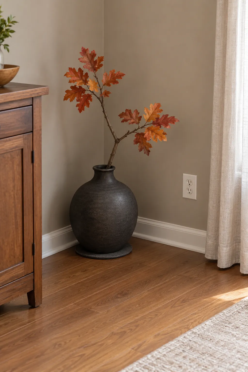 A Short Branch in a Heavy Corner Vase Thanksgiving living room idea