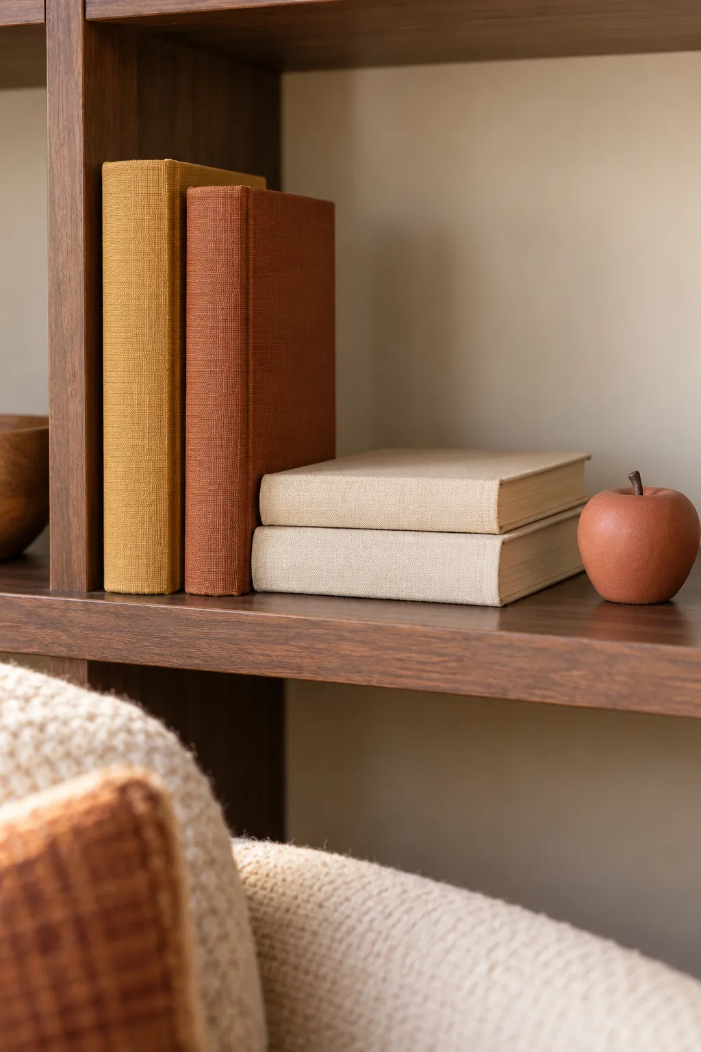 Warm Book Covers on a Reading Shelf Thanksgiving living room idea
