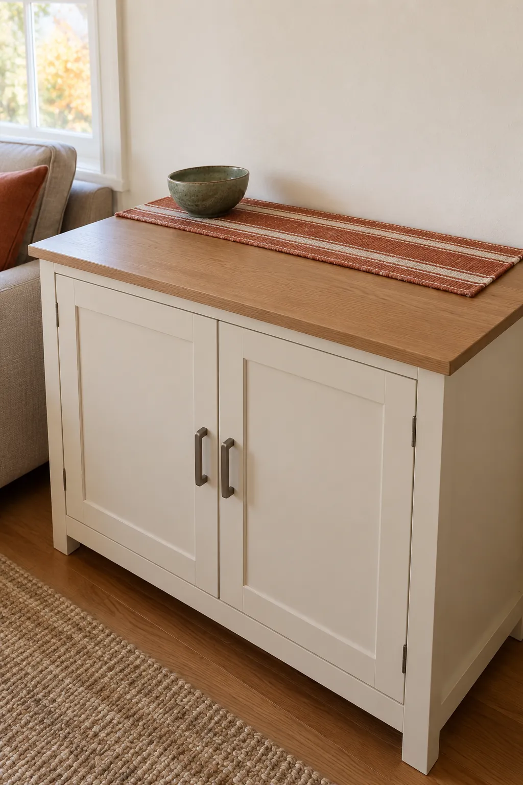 A Narrow Runner on a Storage Cabinet Thanksgiving living room idea