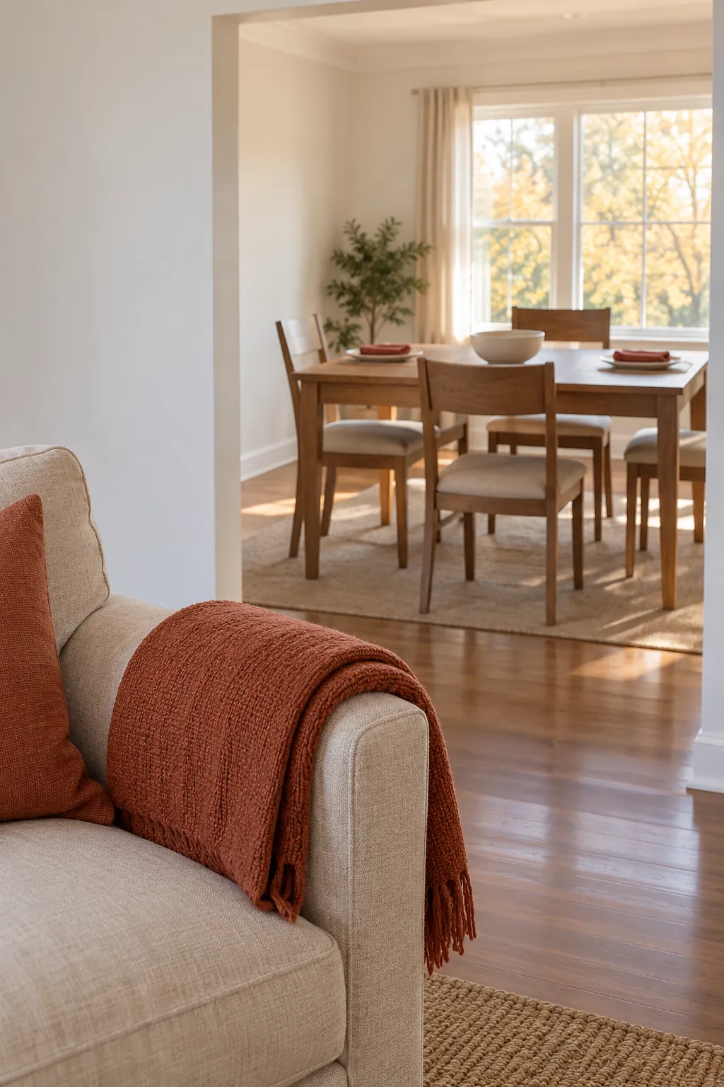 A Color Connection to the Nearby Dining Area Thanksgiving living room idea