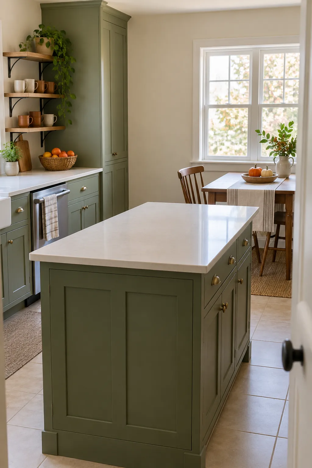 Thanksgiving kitchen with clear preparation space and small contained seasonal accents