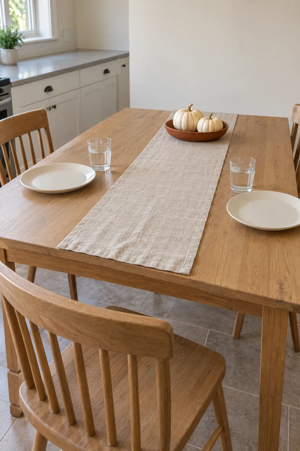 A Narrow Runner on the Breakfast Table for practical Thanksgiving kitchen decor