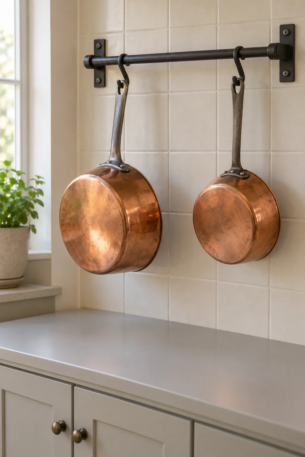 Copper Cookware on a Suitable Storage Rail for practical Thanksgiving kitchen decor