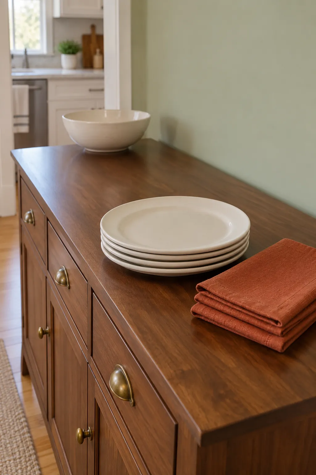 Dinner Plates Ready on the Sideboard for practical Thanksgiving kitchen decor