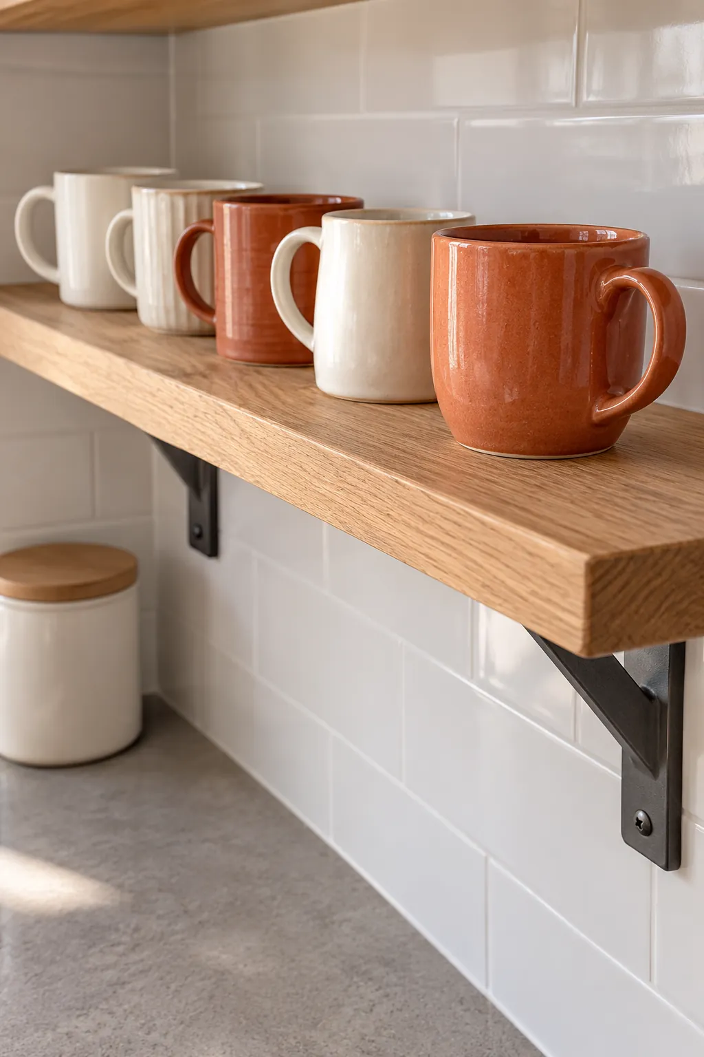 Everyday Mugs on an Accessible Shelf for practical Thanksgiving kitchen decor