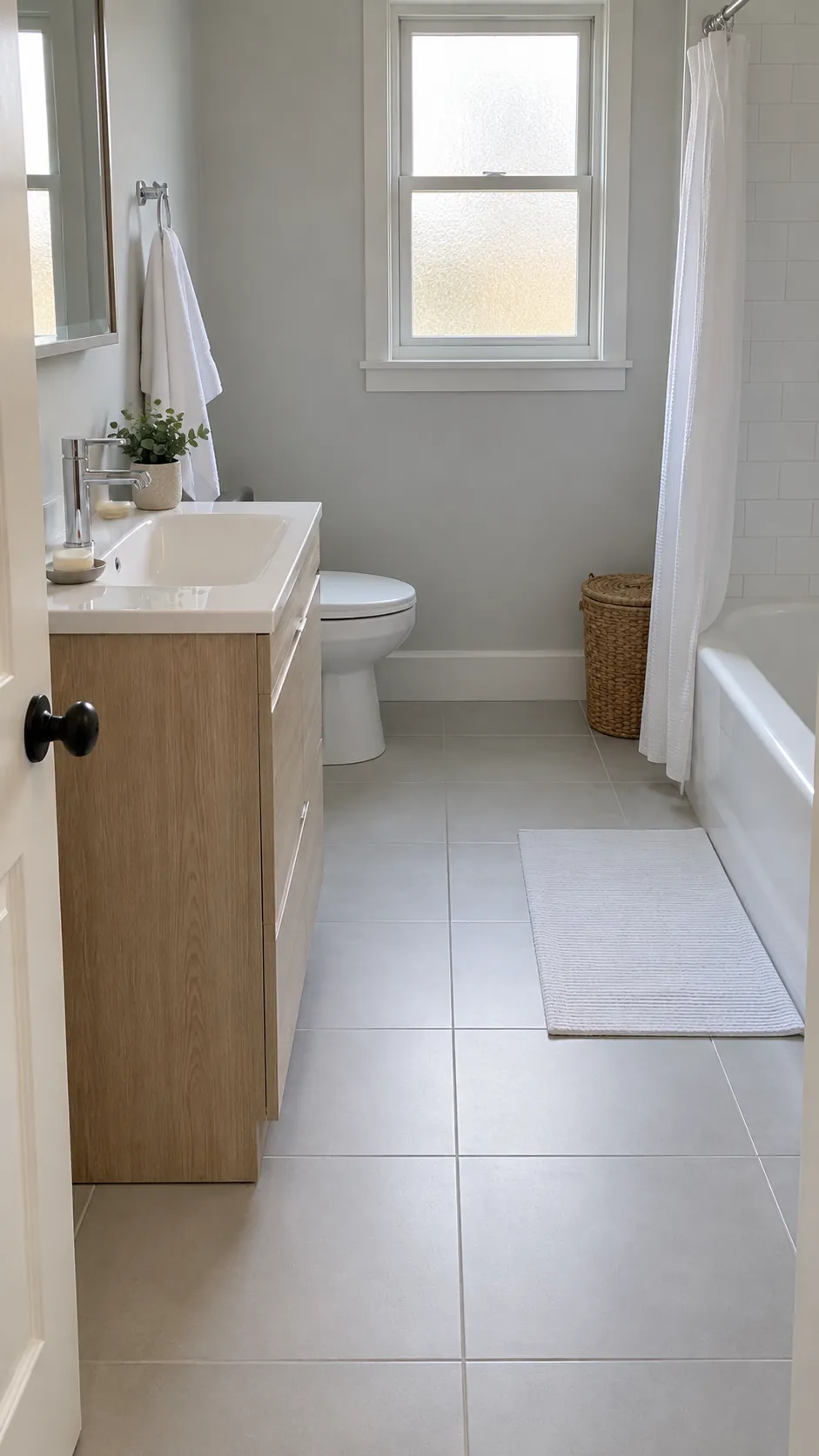 Slim oak vanity beside a clear small bathroom walkway