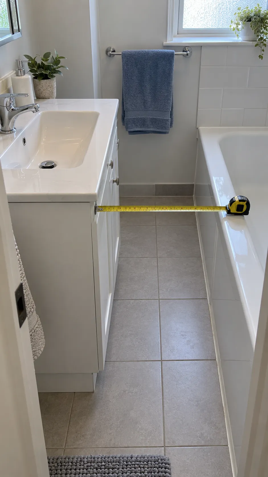 Measuring the narrow gap beside a bathroom vanity