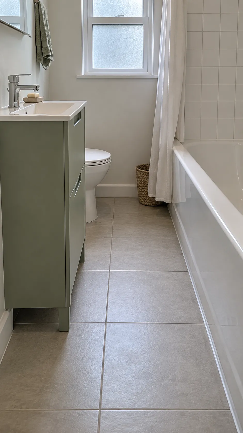 Shallow vanity facing a tub across a clear aisle
