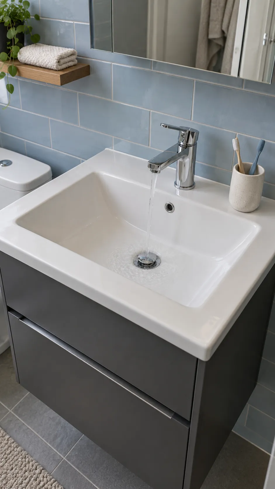 Compact washbasin with an aligned faucet