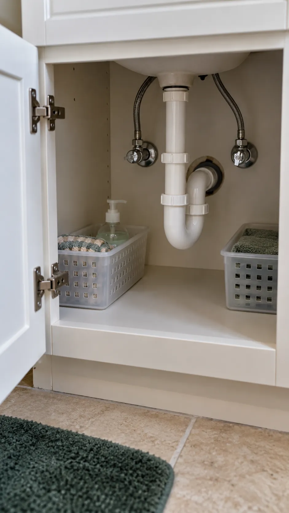 Open vanity cabinet with accessible plumbing