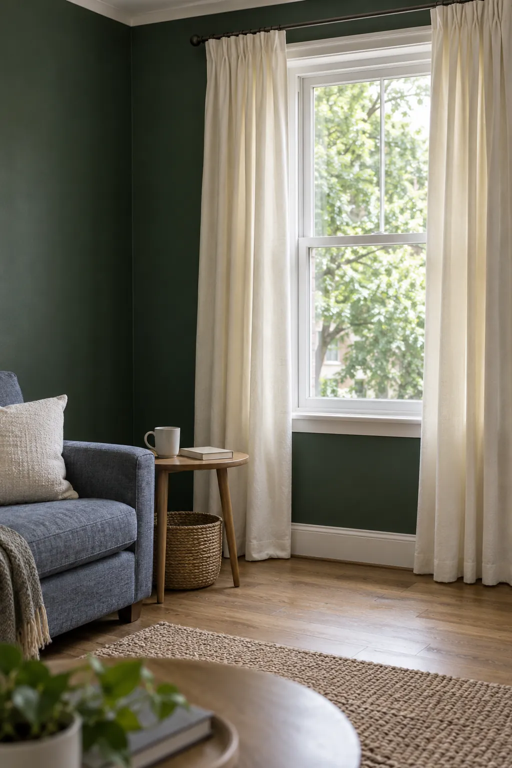 Cream curtains framing a bright window against forest green living room walls