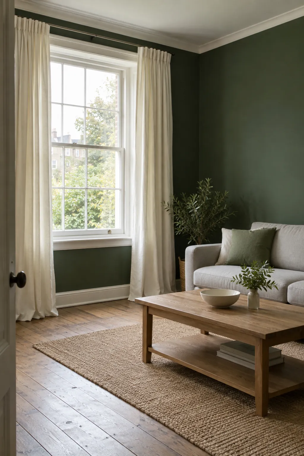 Ivory curtains framing a window in a dark green living room