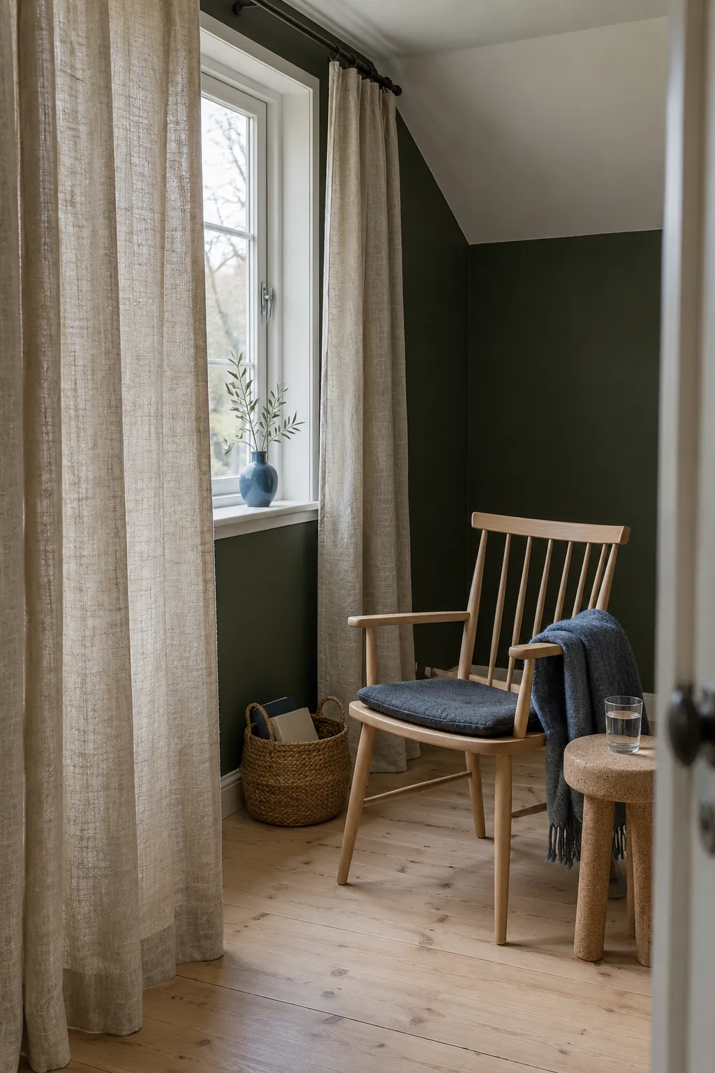 Oatmeal linen curtains and a timber reading chair in a dark green nook