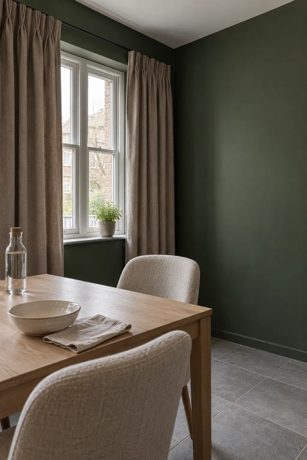Warm taupe curtains against green walls in a small dining space