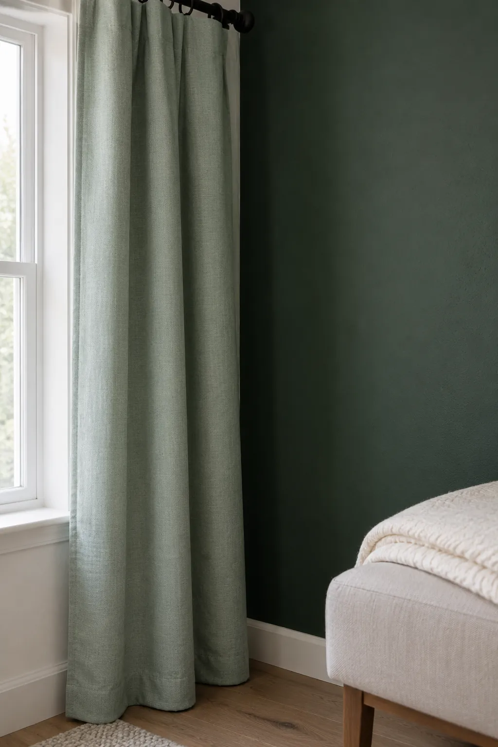 A deliberate lighter green curtain beside a darker green painted bedroom wall