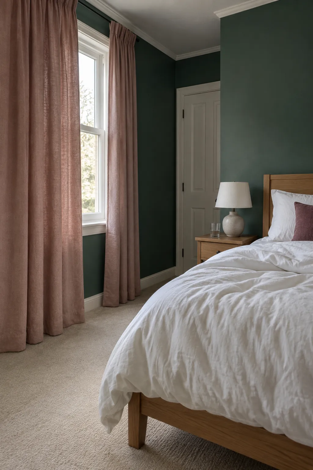 Dusty pink curtains with dark green bedroom walls and white bedding