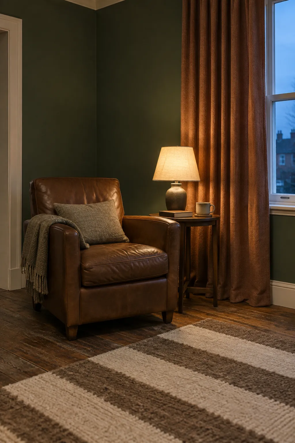 Muted clay curtains beside dark green walls and a brown leather chair