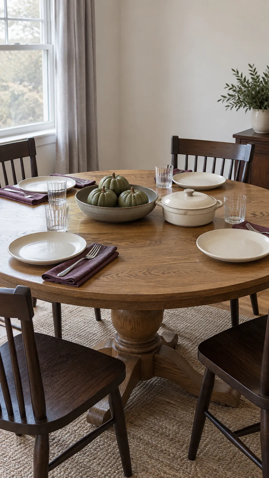 Round Thanksgiving table with low seasonal decor and space for dinner