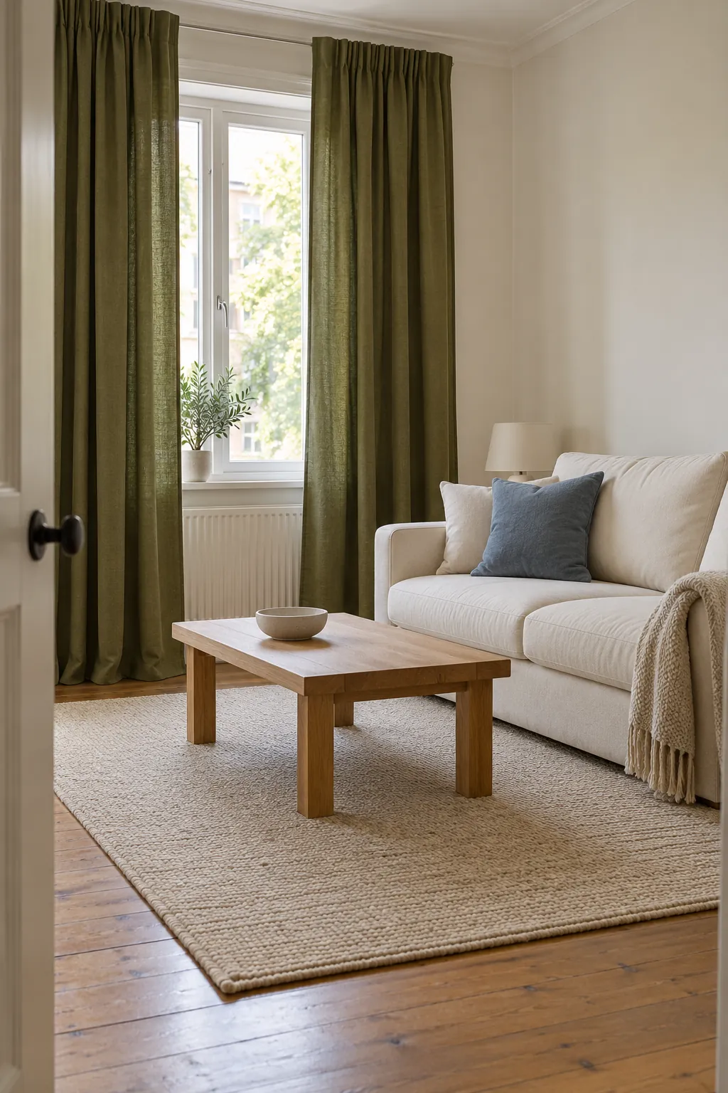 Olive green curtains with cream upholstery and a dusty blue accent