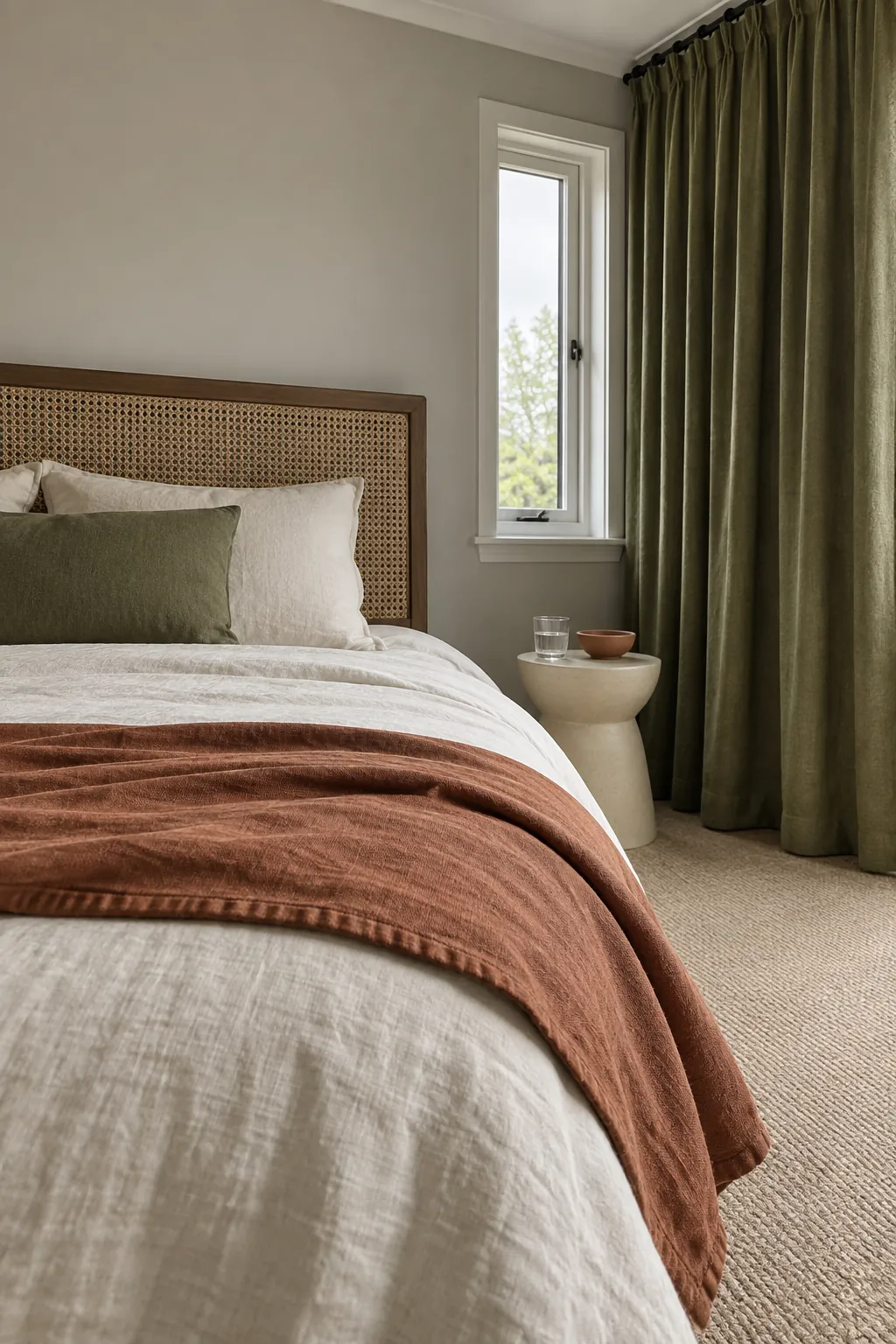 Clay bed throw with olive curtains and neutral bedroom walls