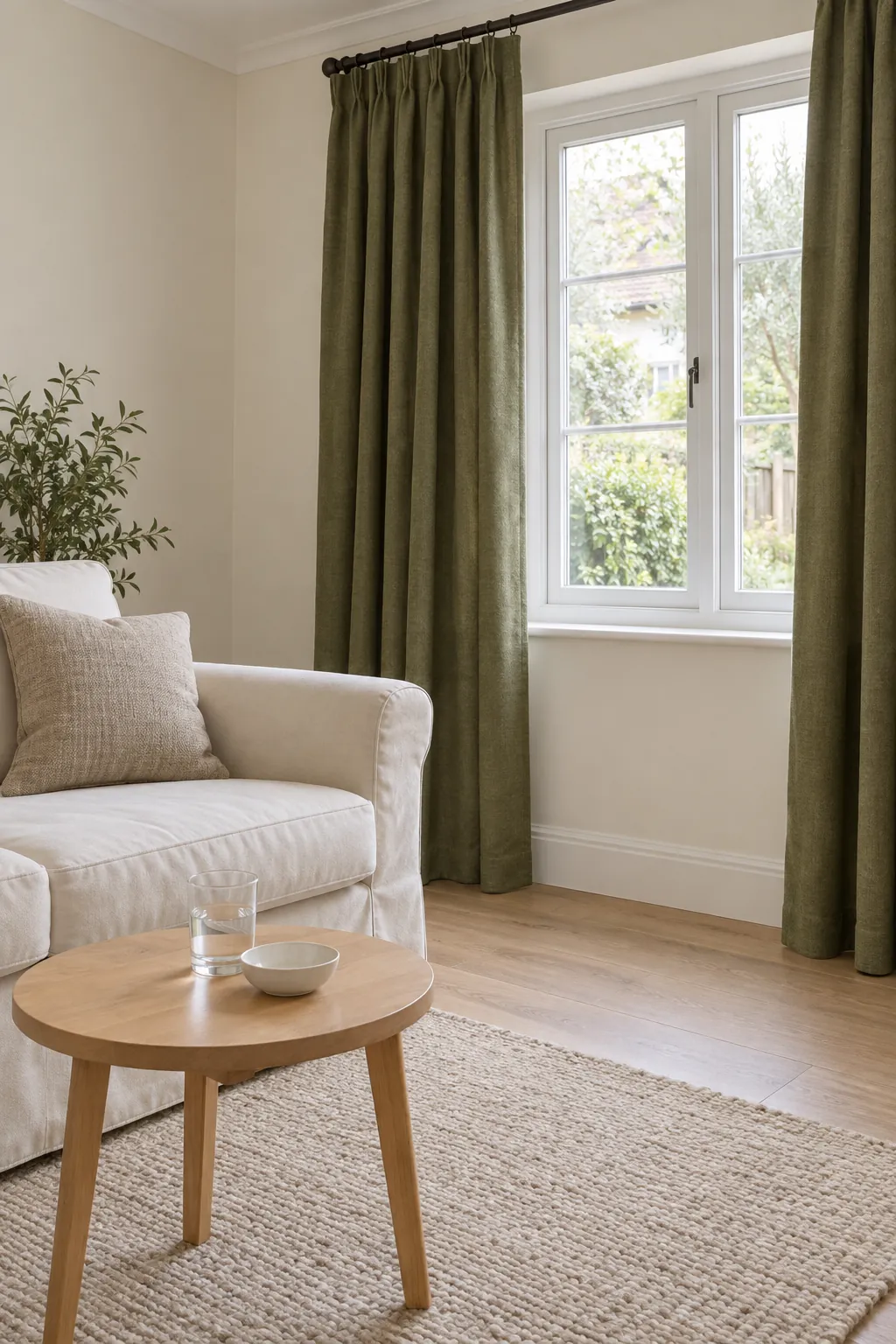 Olive curtains with warm white walls and a cream sofa