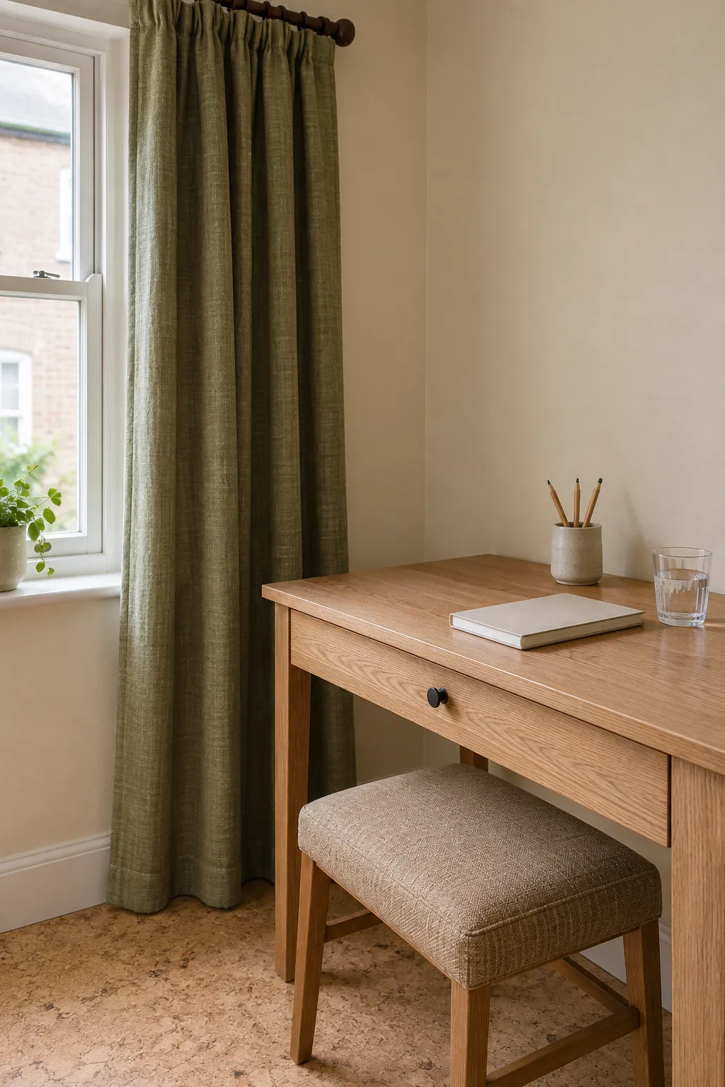 Olive curtains beside beige walls and a natural oak desk