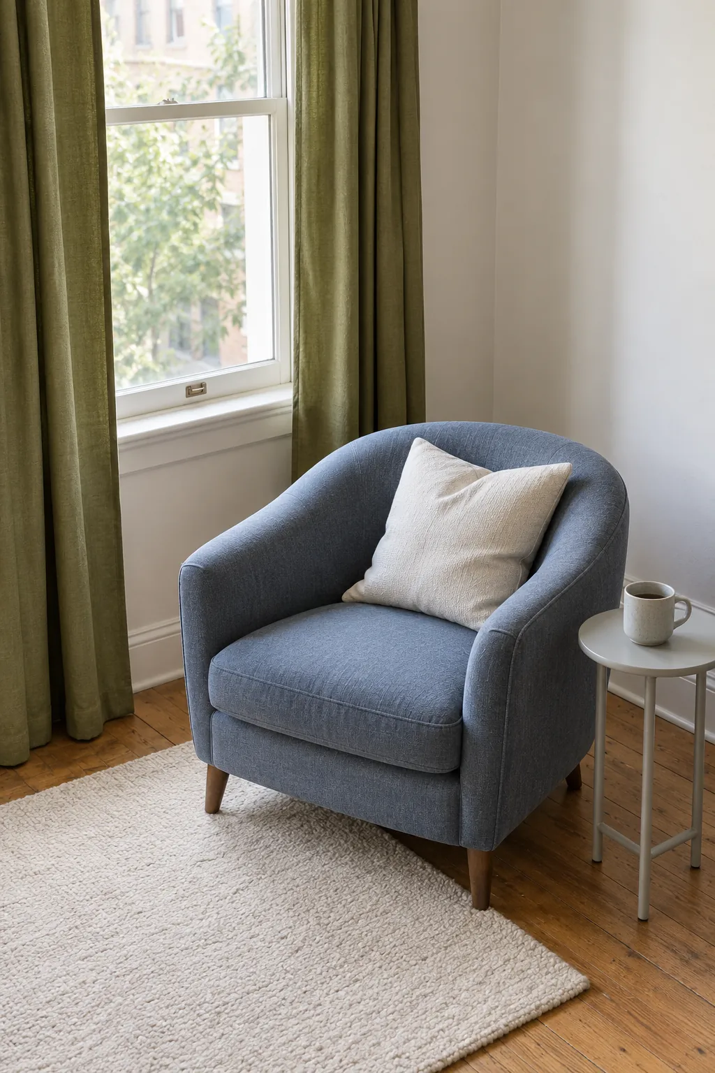 Dusty blue chair paired with olive curtains and a pale rug