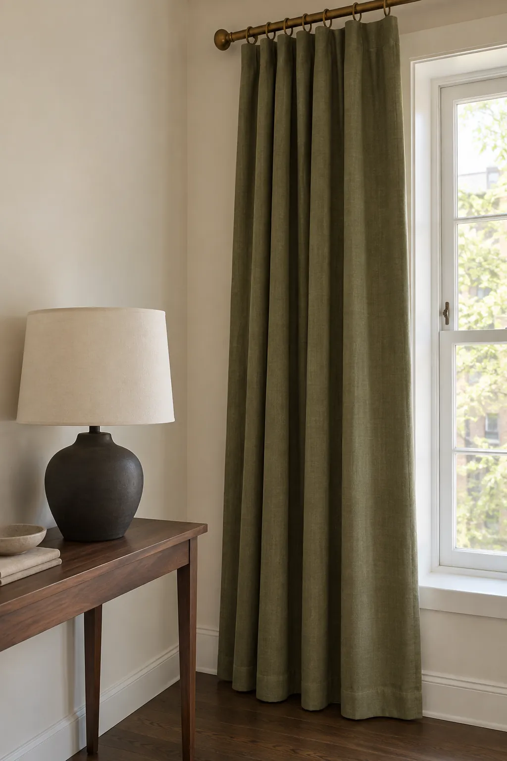 Aged brass curtain hardware with olive fabric and charcoal accents