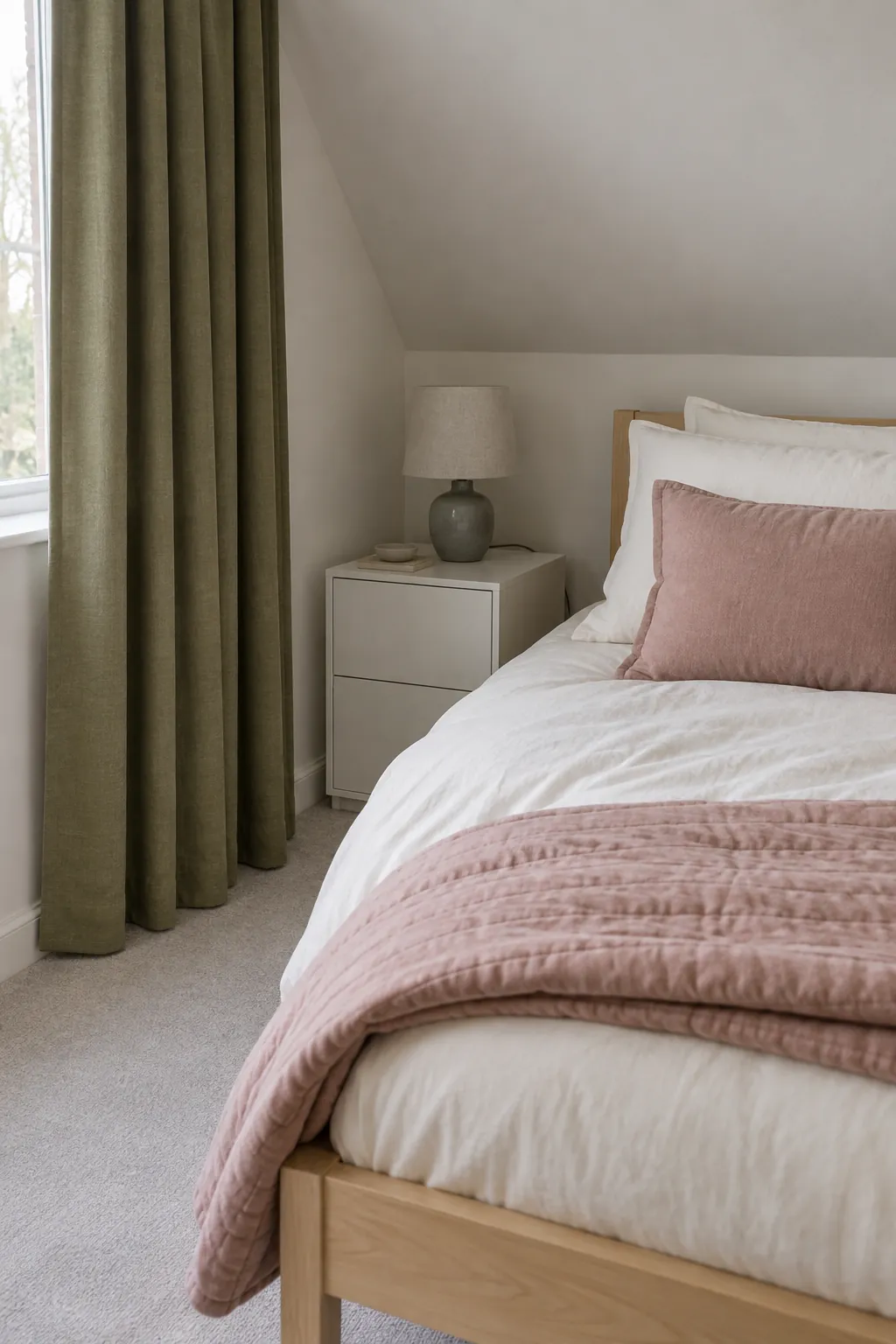 Dusty rose cushions and ivory bedding beside olive green curtains