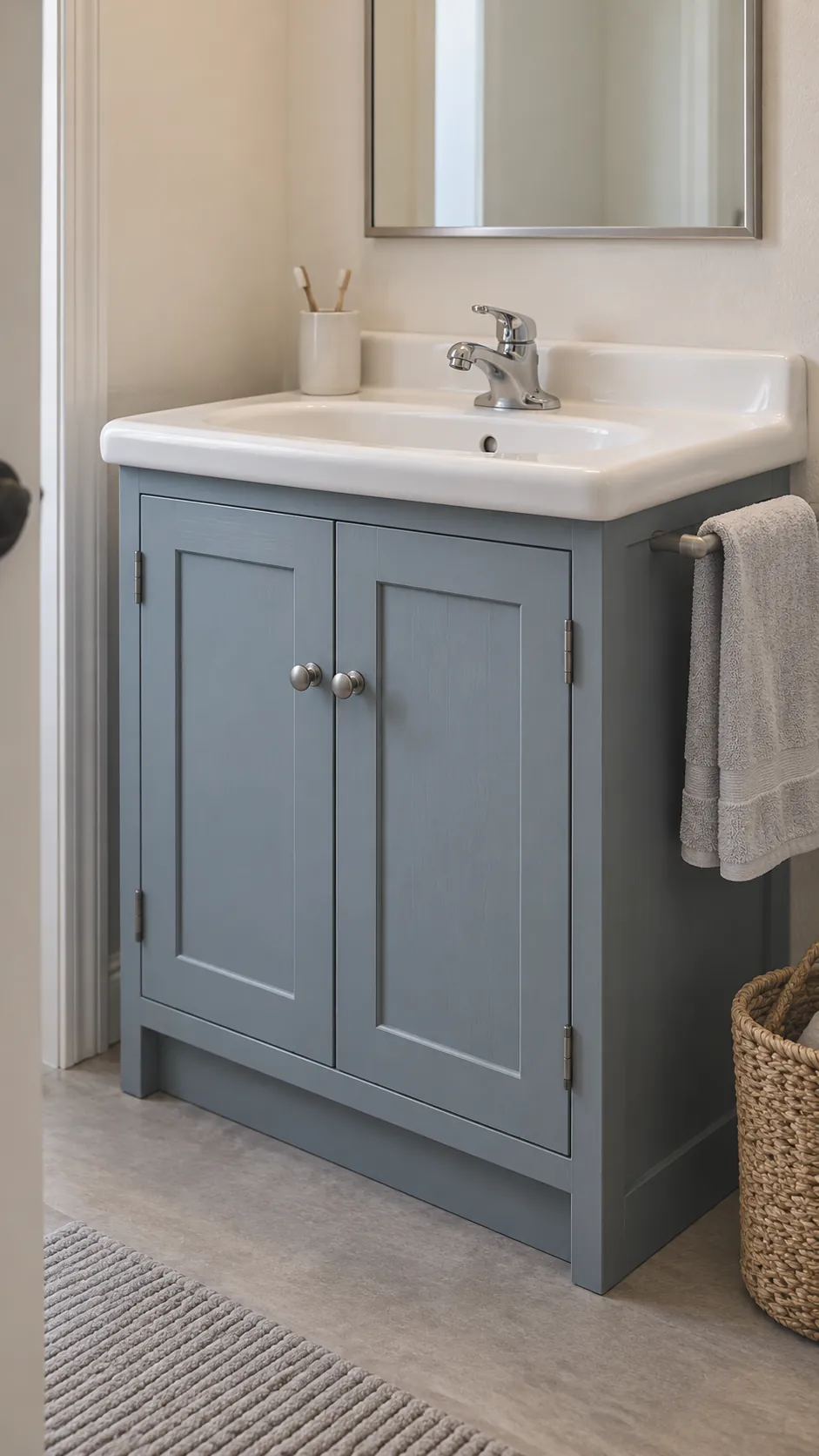 A repainted cabinet in use in a small bathroom