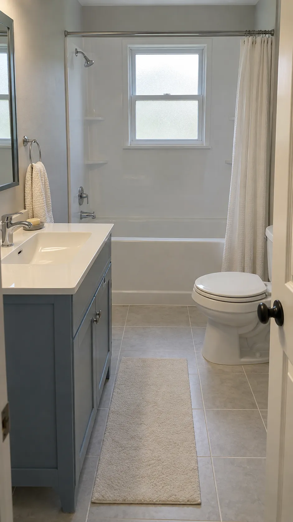 Refreshed small bathroom with its conventional fixture layout retained