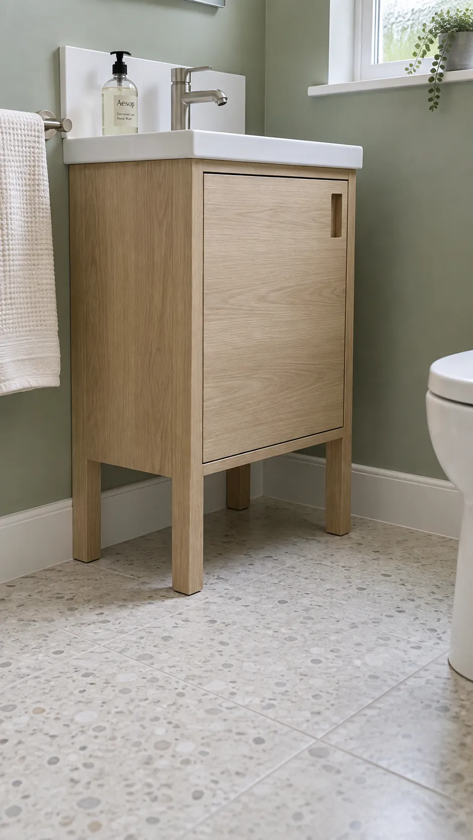 Legs reveal floor beneath the basin in a small bathroom