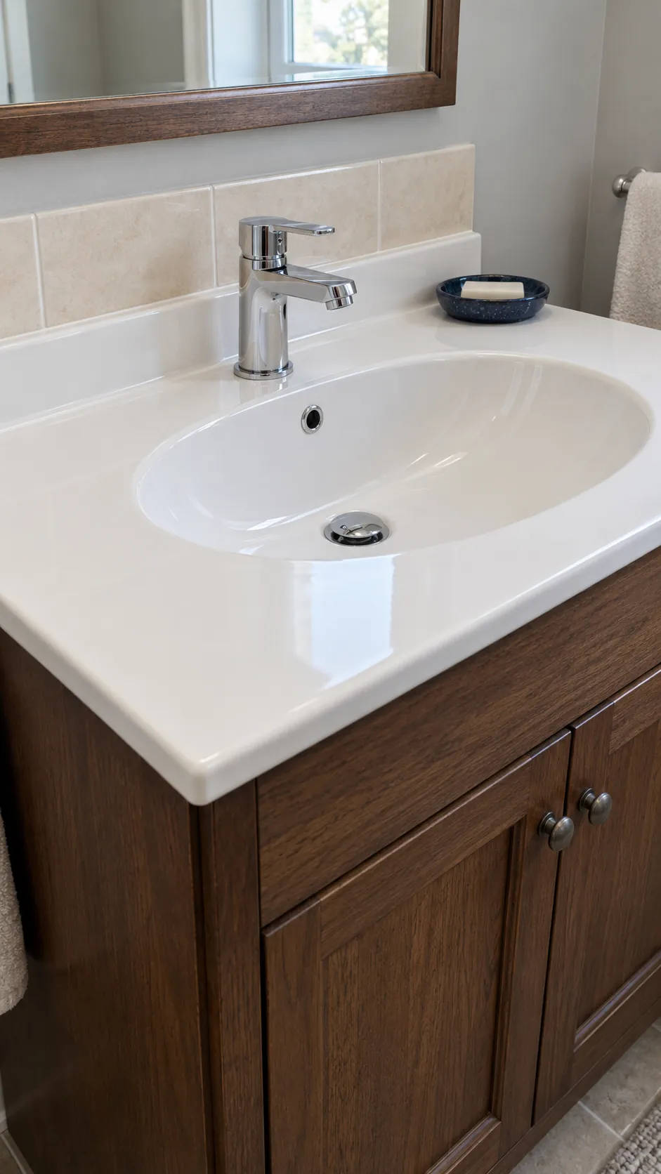 A matched basin and top in a small bathroom