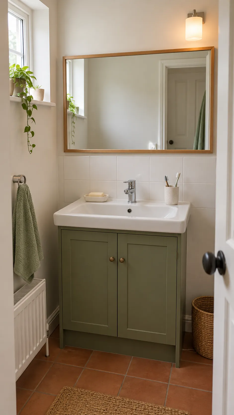 A mirror makes use of available wall in a small bathroom