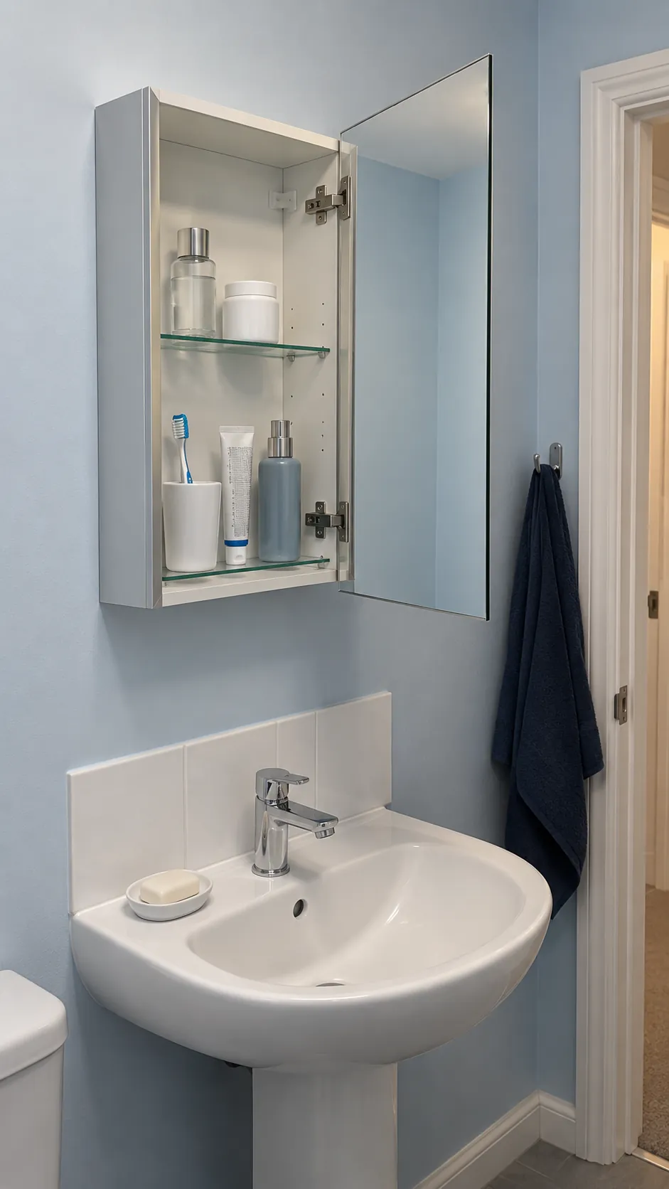 A surface mounted medicine cabinet in a small bathroom