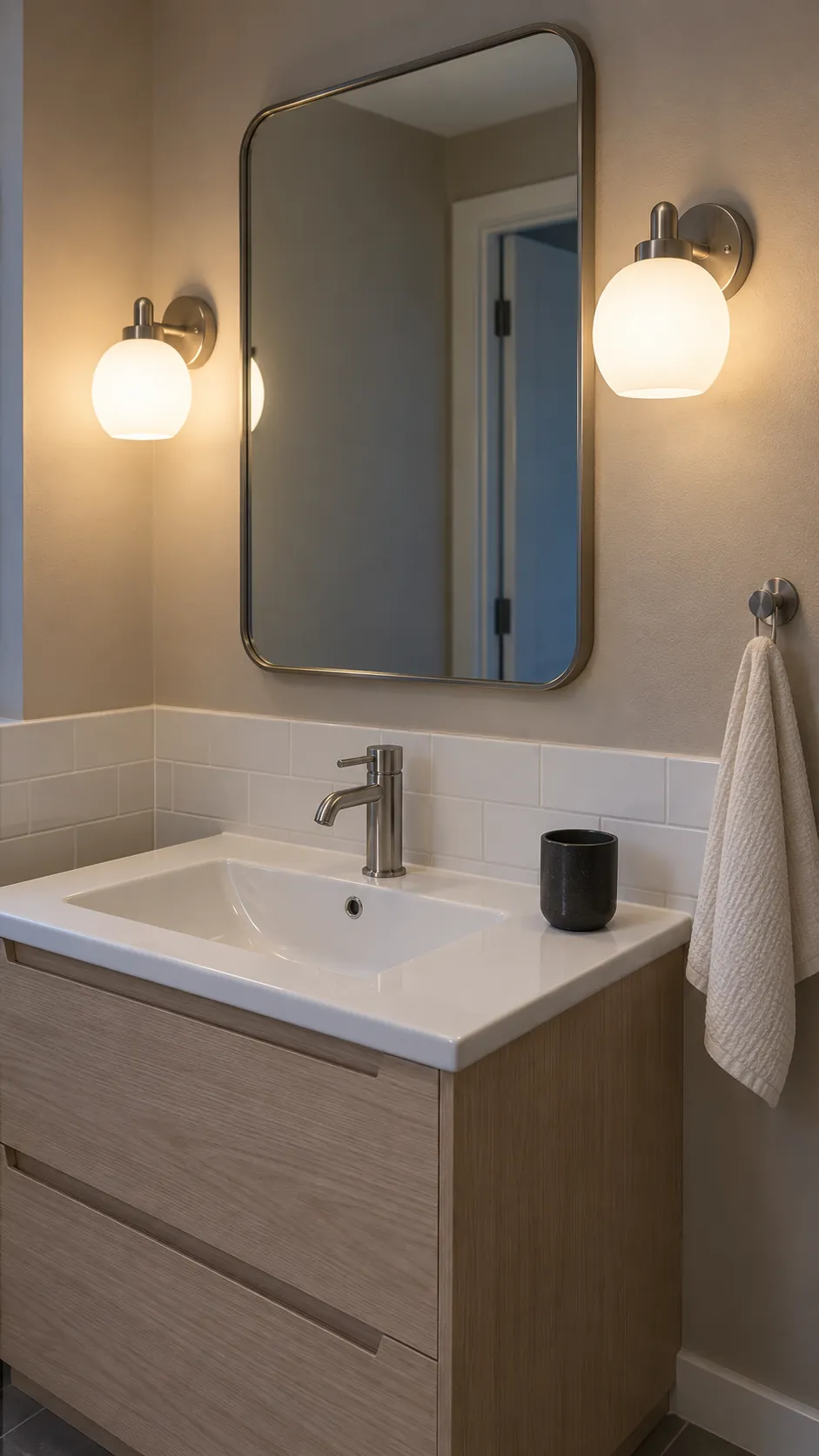 Face level vanity lighting in a small bathroom