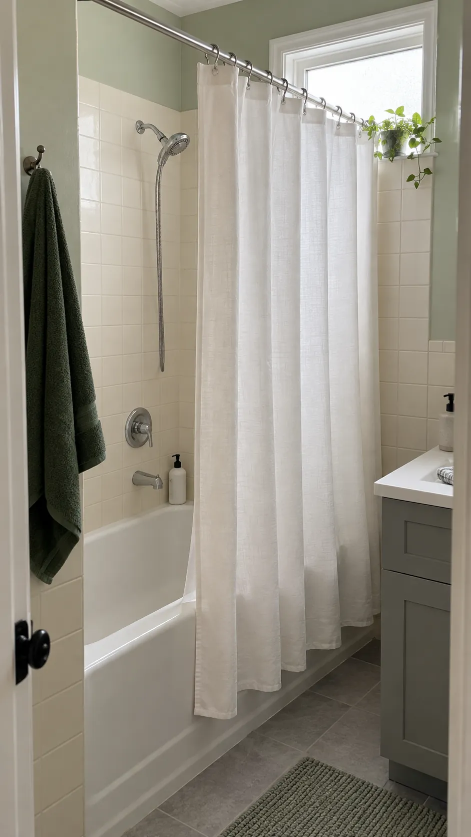 A curtain keeps tub access flexible in a small bathroom