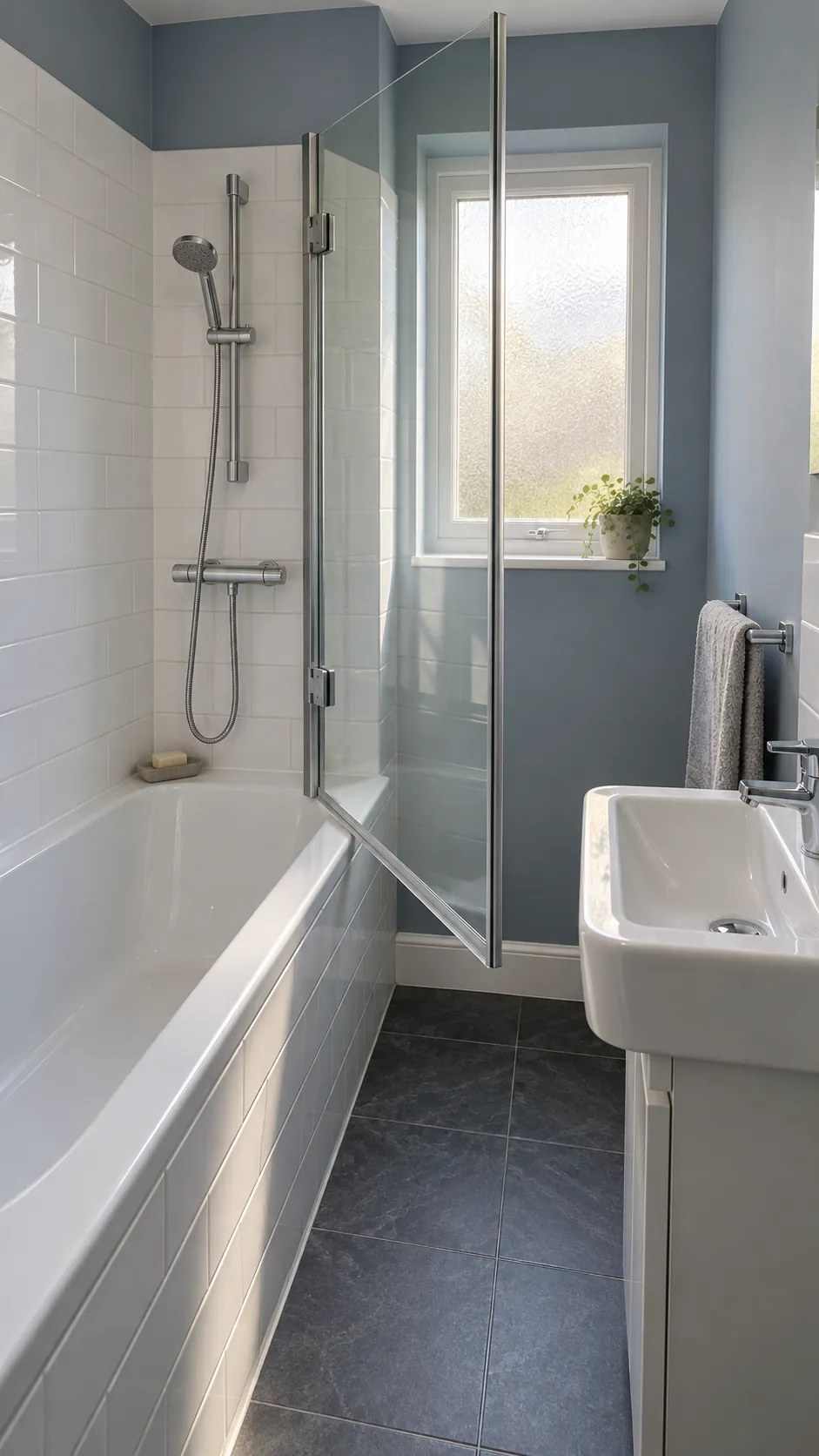 A bath screen with real opening space in a small bathroom
