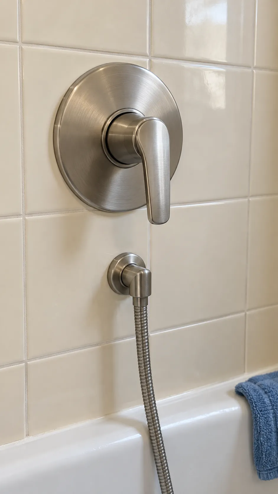 Compatible shower trim at a retained valve in a small bathroom