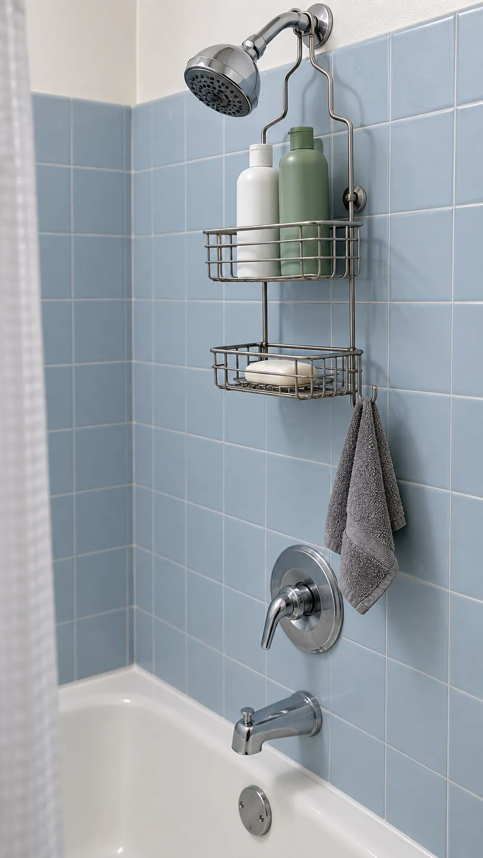 Removable storage in the bathing zone in a small bathroom
