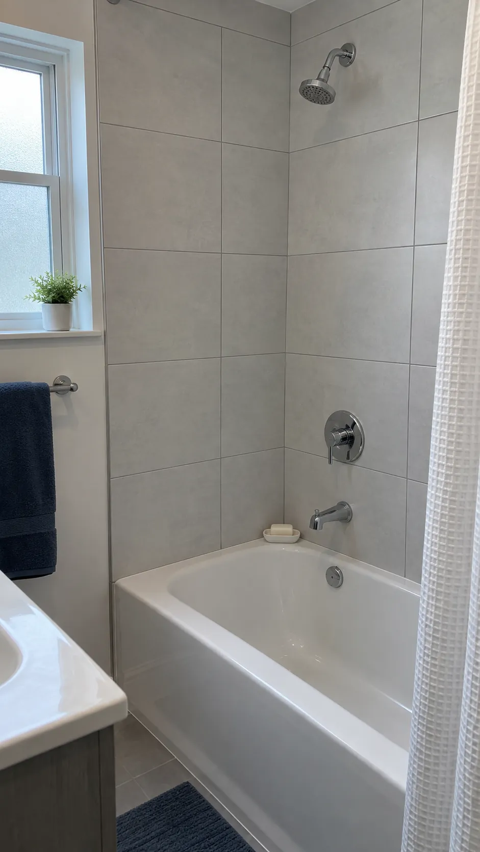 A renewed wet wall around the same tub in a small bathroom