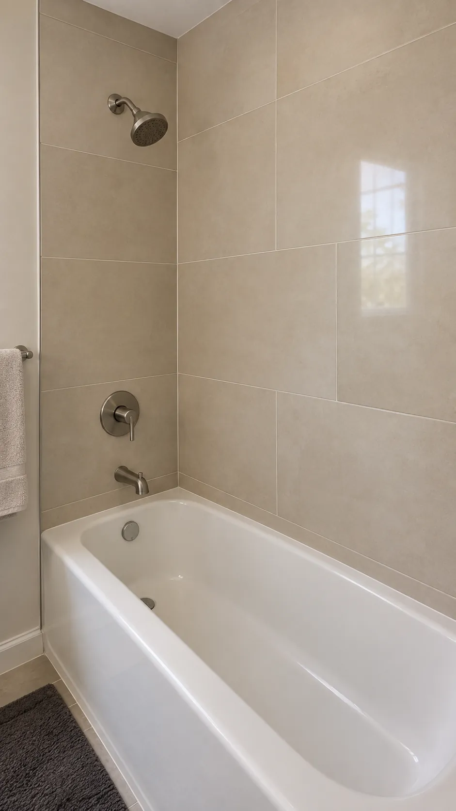 Larger tiles in a compact alcove in a small bathroom