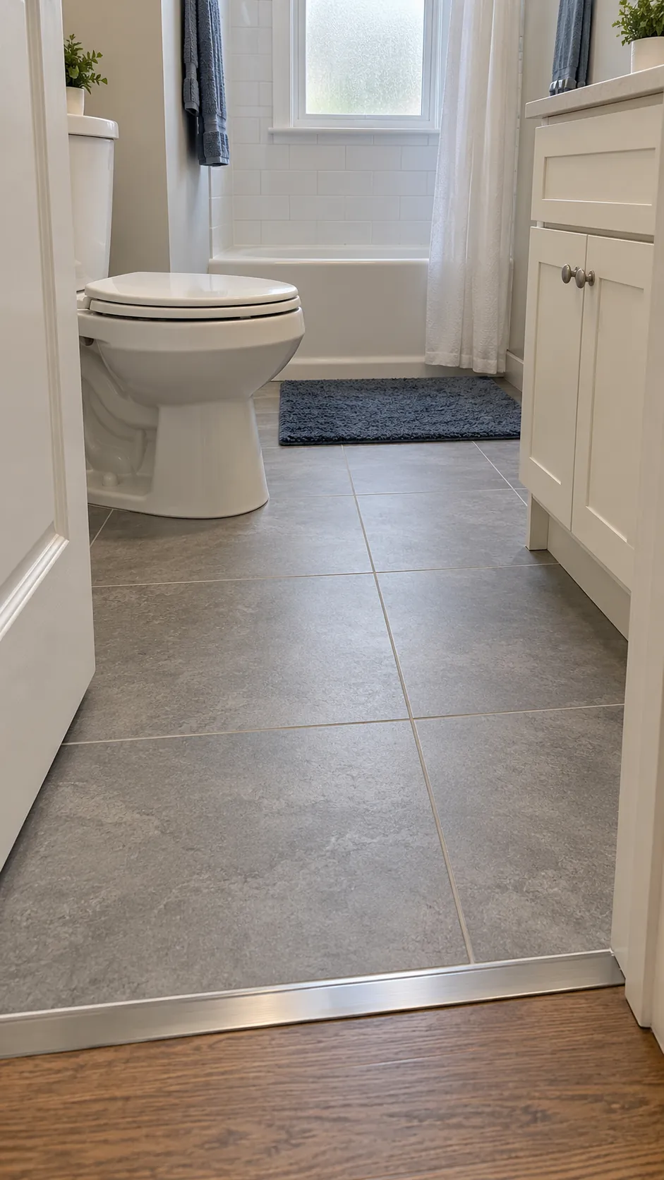 A renewed floor around retained fixtures in a small bathroom