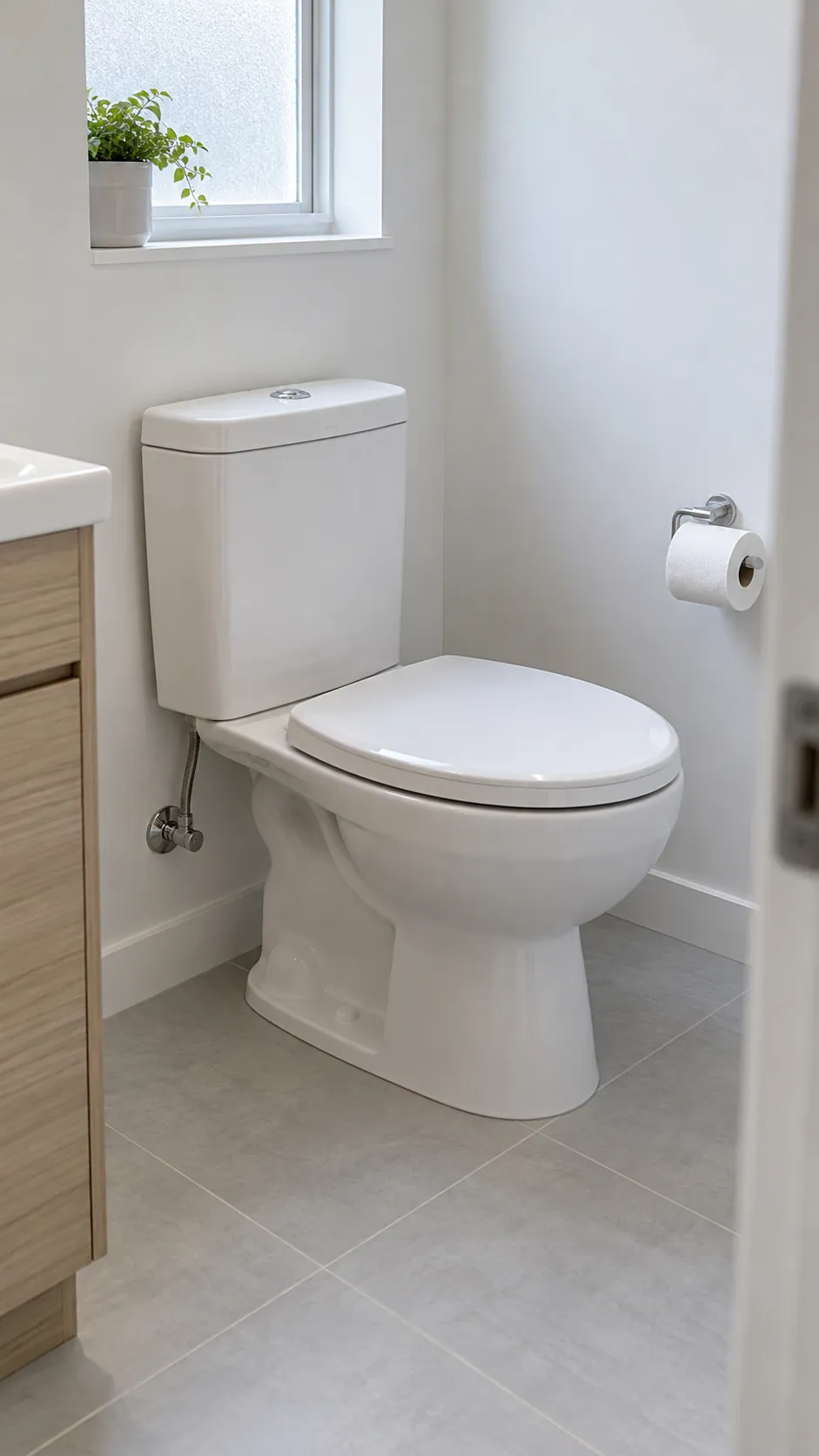 A compact replacement toilet in a small bathroom