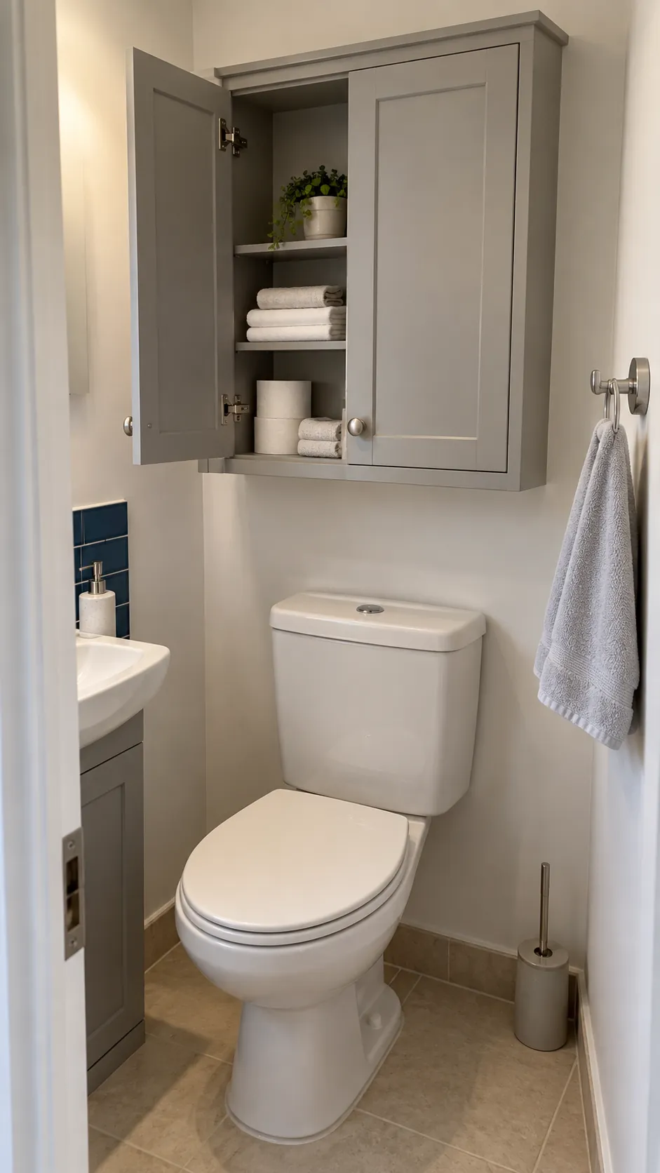 Storage above the toilet in a small bathroom