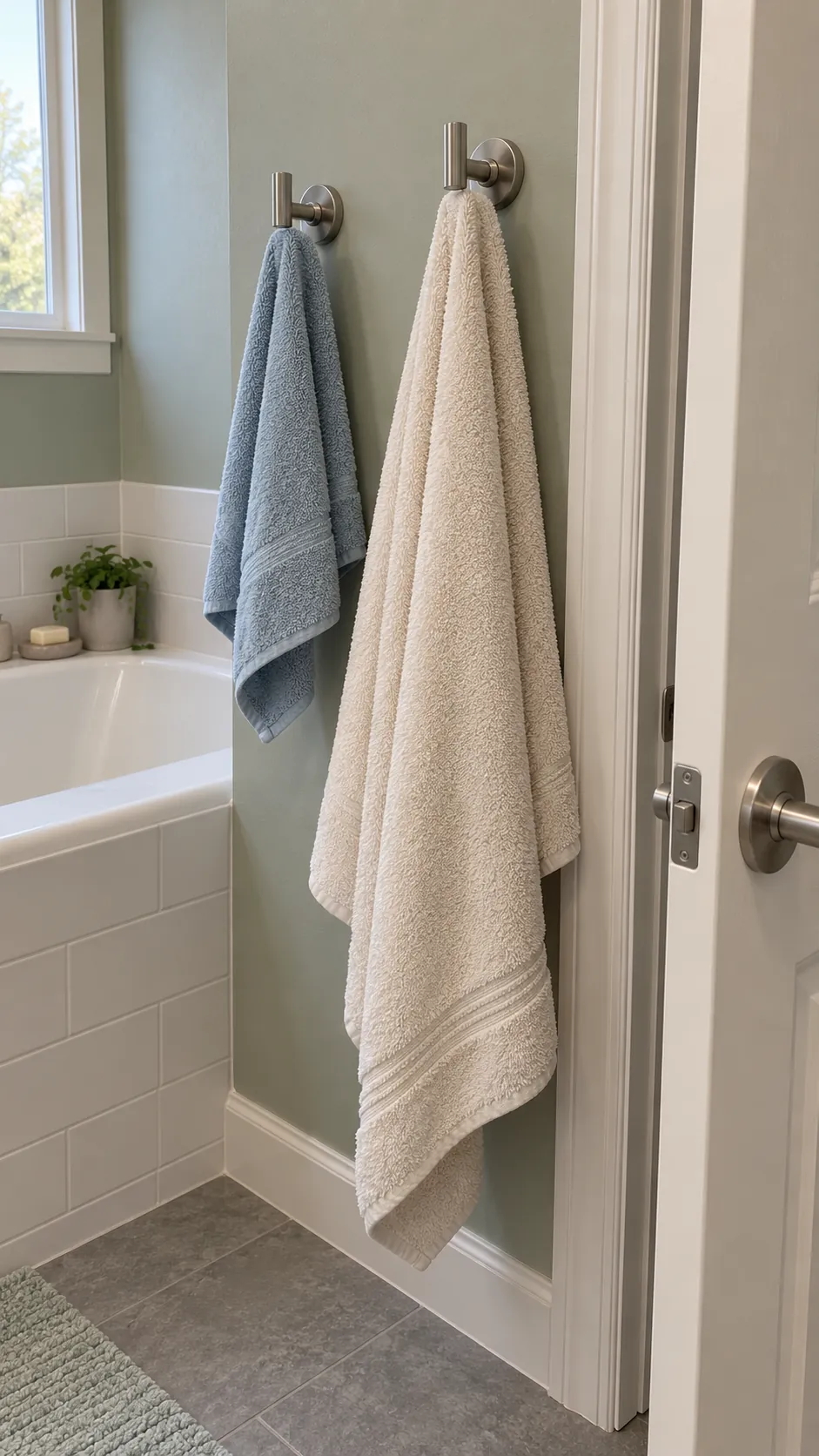 Hooks on a usable wall strip in a small bathroom